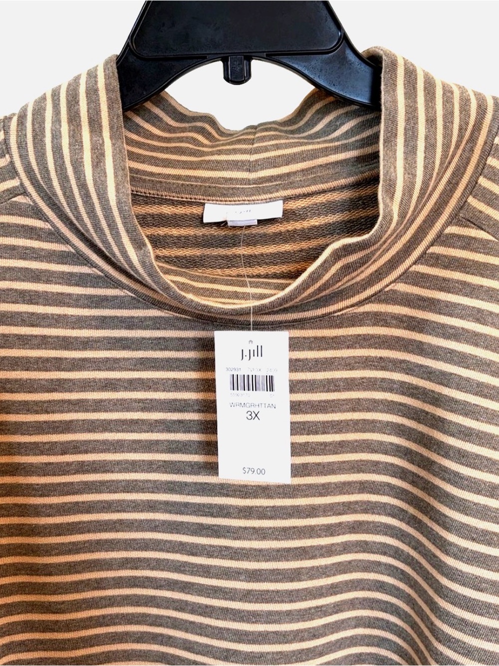J. Jill NWT 3X Striped Mock Neck Knit Top Tan Gray Long Sleeve Plus French Terry - Picture 2 of 10